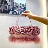 Kylethomasw Nylon Handbag for Women Free Shipping Lady Wedding Party Evening Bag Sweet Pearl Handle Feather Rose Top Handle Bags