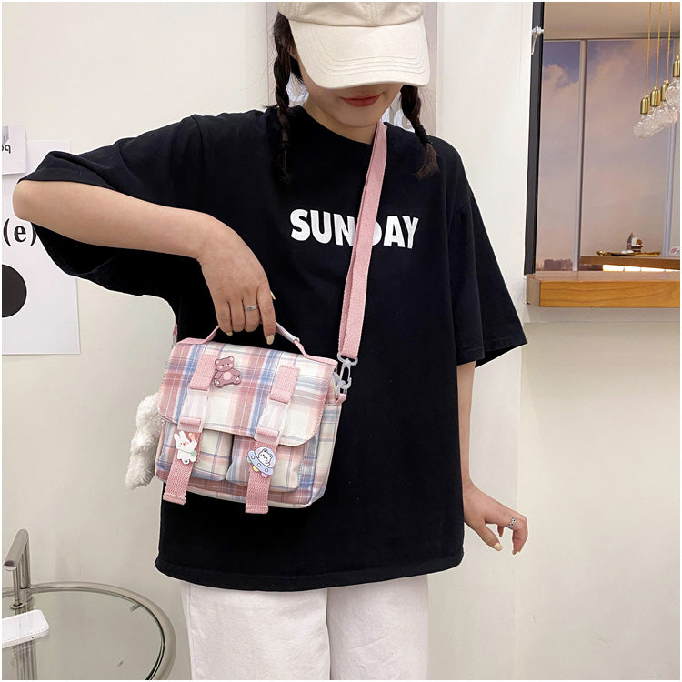 Shopper Bag for Women Nylon Tote Bag  Girls Fashion Cute Japanese Jk Style Color Contrast Plaid Stripe Handbag Crossbody Bag