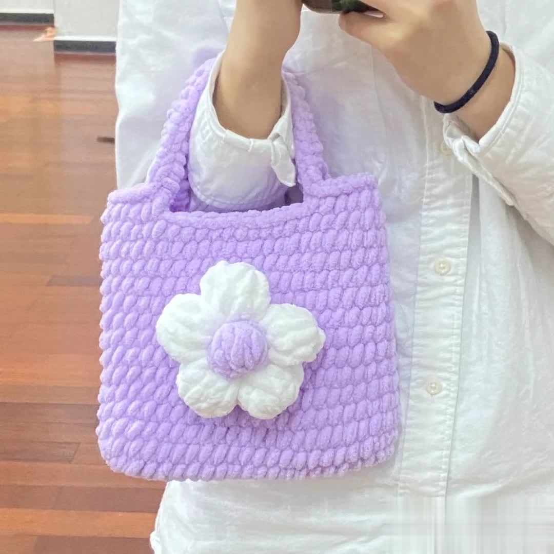 Kylethomasw Finished HandBag For Women Puff Flowers Bag Hand Woven Bag Strip Wool Handmade INS Hot Sale Crochet Flower Handbag Girl Gift