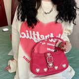 Xiuya Harajuku Vintage Female Shoulder Bag 2022  Rose Red Heart Japanese Goth Lolita Bag Female Handbags Mobile Phone Pouch Purse