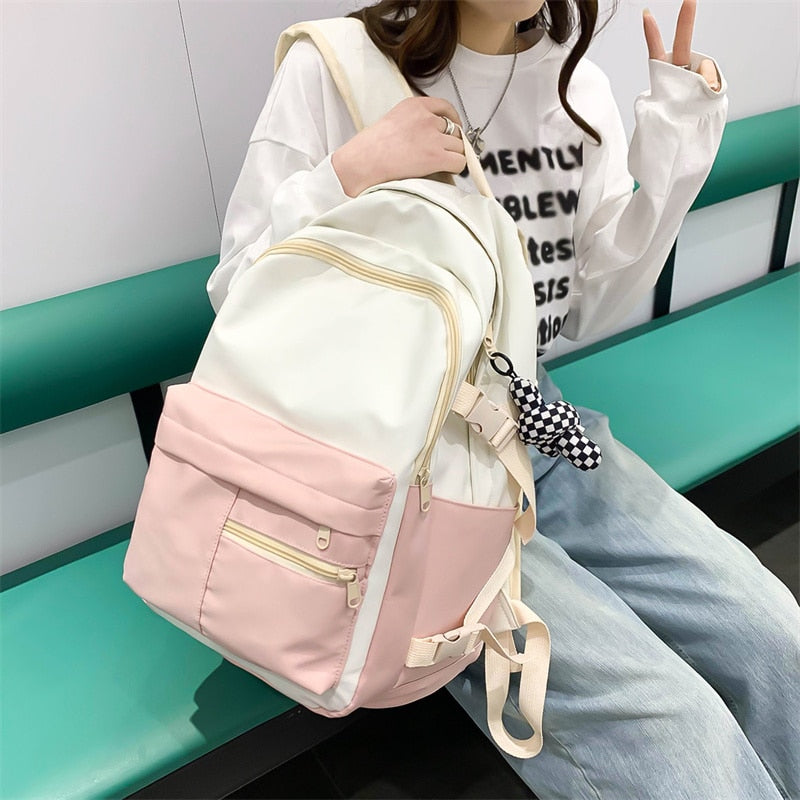 Kylethomasw Female Harajuku Nylon Bag Kawaii Teenage Girls College Student Backpack Patchwork Fashion School Bag Book Women Cute Backpacks