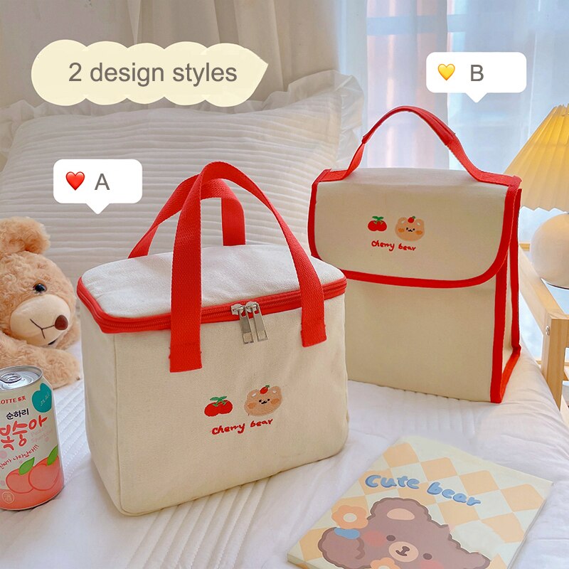 Kylethomasw Kawaii Bear Lunch Bags For Women Kids Girl Cute Korean Canvas Insulated Portable Picnic Tote Food Storage Bags For Office Lady