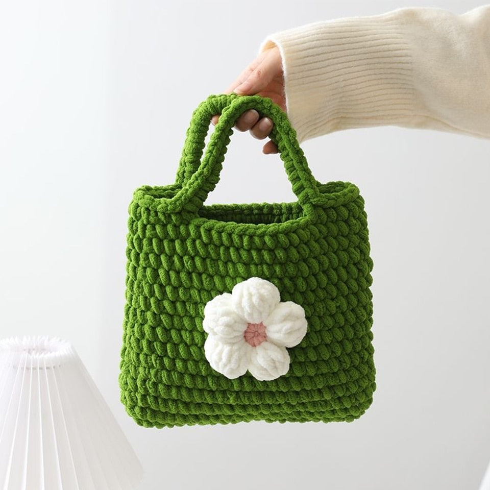 Kylethomasw Finished HandBag For Women Puff Flowers Bag Hand Woven Bag Strip Wool Handmade INS Hot Sale Crochet Flower Handbag Girl Gift