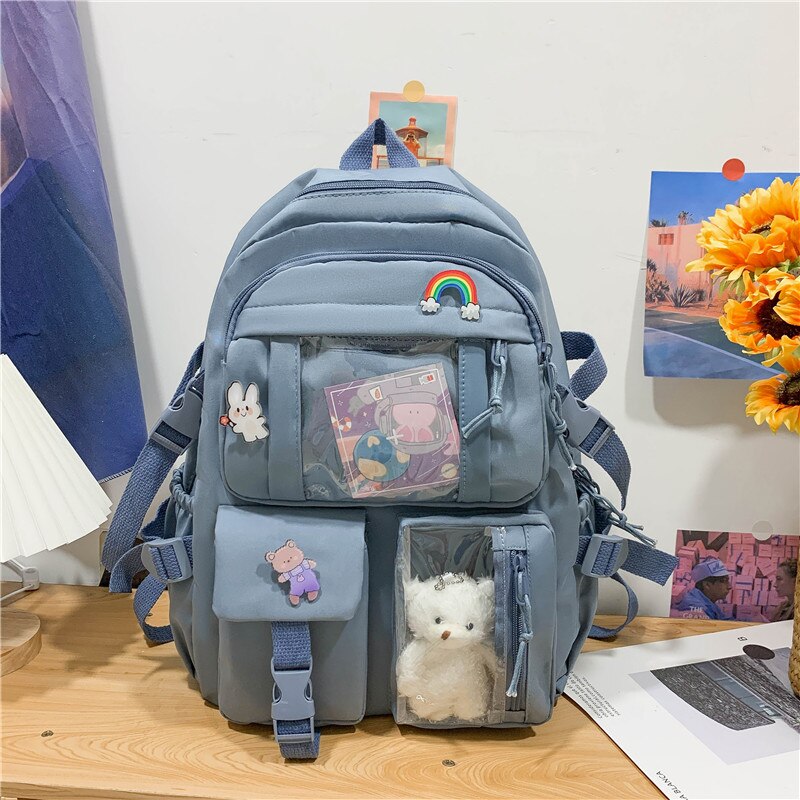 Kylethomasw Cute Multipocket Waterproof Nylon Women Backpack Teenage Girl Kawaii Transparent Travel Bag Preppy Style Schoolbag Book Mochila