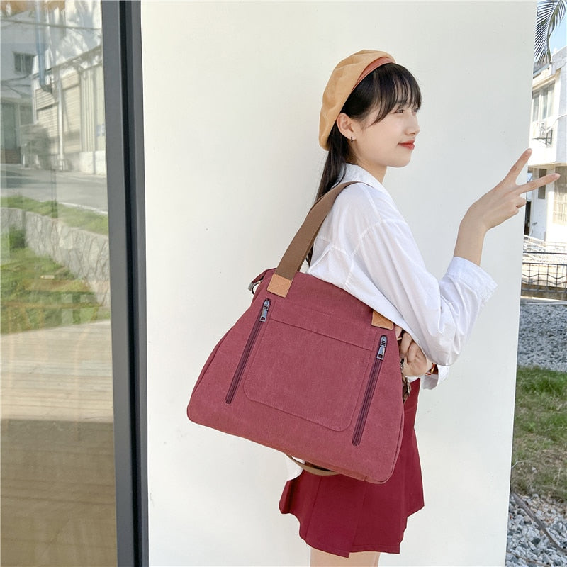 2022 Women Canvas Handbags Lady Large Shoulder Bags Female Retro Shopping Bag Bolsas Femininas Black Pink for Summer 6 Colors