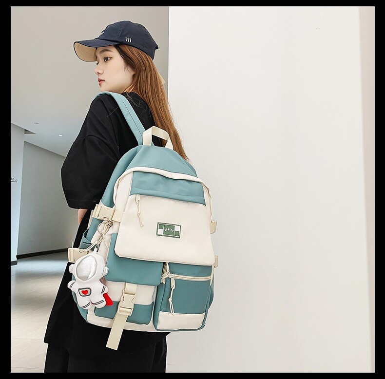 Unisex Fashion Multi-pocket Nylon Backpack Contrast Color Cool Travel Bag Women Backpack Men Big Schoolbag High Quality Bookbag
