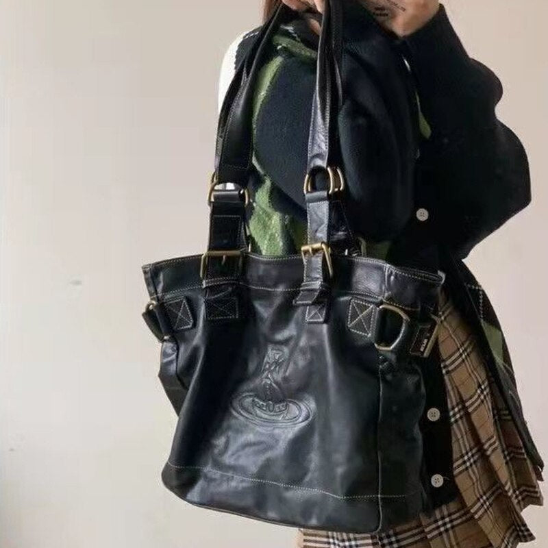 Xiuya Vintage Womens Leather Tote Bag 2022 Solid Color Big Capacity Shoulder Bag Female Moto Biker Style Cool Ladies Handbags