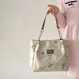 Women's Large Capacity Tote Bag Retro Flower Print Female Shoulder Bag Vintage Design Ladies Chain Commuter Bags Flora Handbags