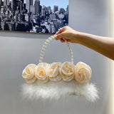 Kylethomasw Nylon Handbag for Women Free Shipping Lady Wedding Party Evening Bag Sweet Pearl Handle Feather Rose Top Handle Bags