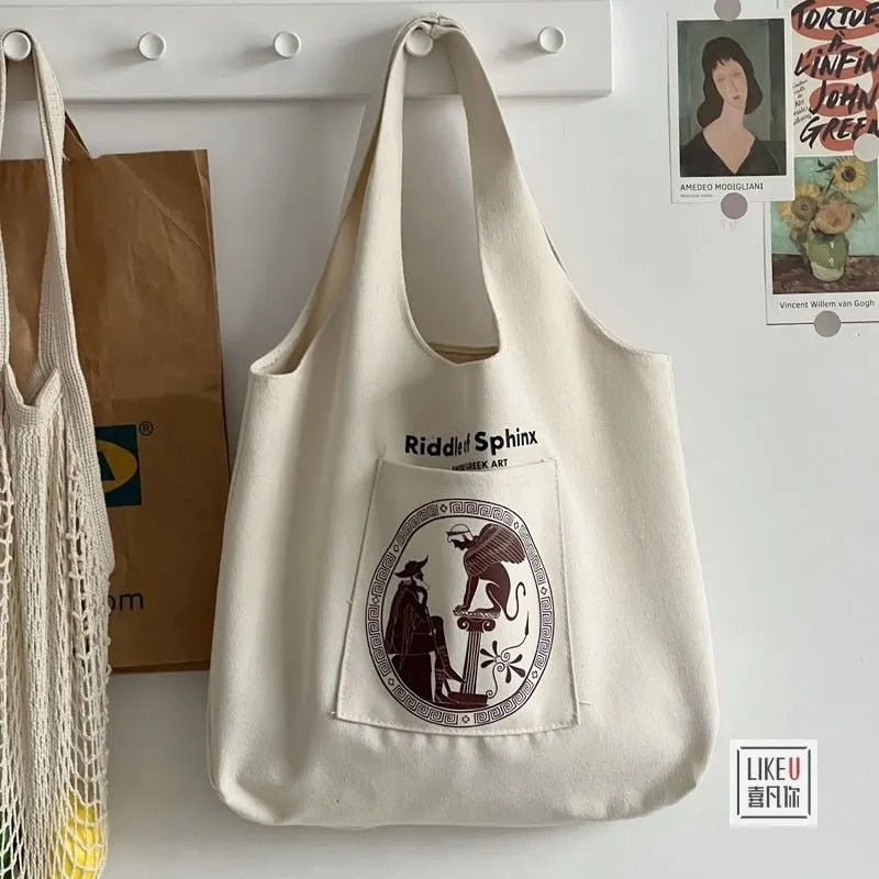 Kylethomasw Canvas Tote Bags for Women  Large Ladies Cotton Cloth Handbag Greek Temple Print Female Shoppers Reusable Shopping Beach Bag