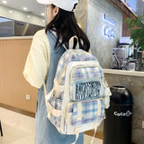 4 Pcs Women Backpack Kawaii Plaid School Bag Mochila Cute Book Schoolbag for Teenage Girl Travel Bagpack Large Capacity Rucksack