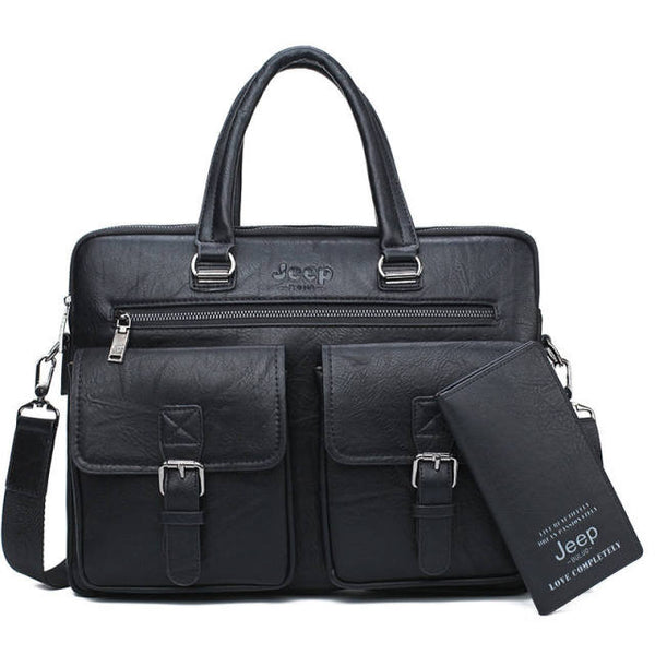 JEEP BULUO Brand Man'sBusiness Briefcase Bag 2pcs/set Split Leather Hi ...