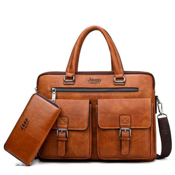 JEEP BULUO Brand Man'sBusiness Briefcase Bag 2pcs/set Split Leather Hi ...