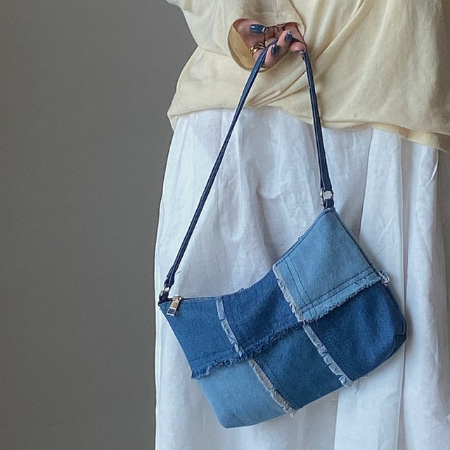 Kylethomasw  Vintage Denim Stitching Women Underarm Bag Fashion Ladies Contrast Color Small Shoulder Bags Female Armpit Bag Baguette Handbags