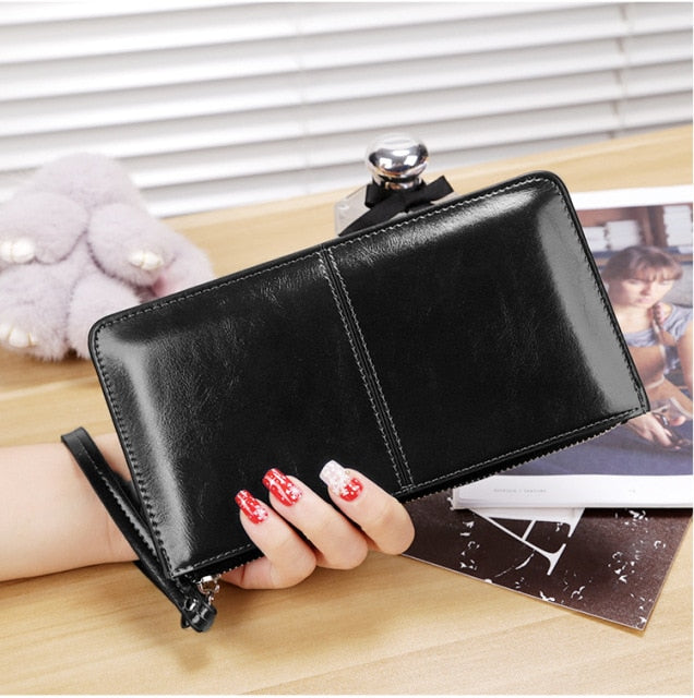 Kylethomasw Women's Vintage Oil Wax Leather Zipper Clutch Wallet Female Large Capacity Coin Purse Ladies Wristband Simple Card Holder Wallet