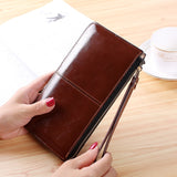 Kylethomasw Women's Vintage Oil Wax Leather Zipper Clutch Wallet Female Large Capacity Coin Purse Ladies Wristband Simple Card Holder Wallet