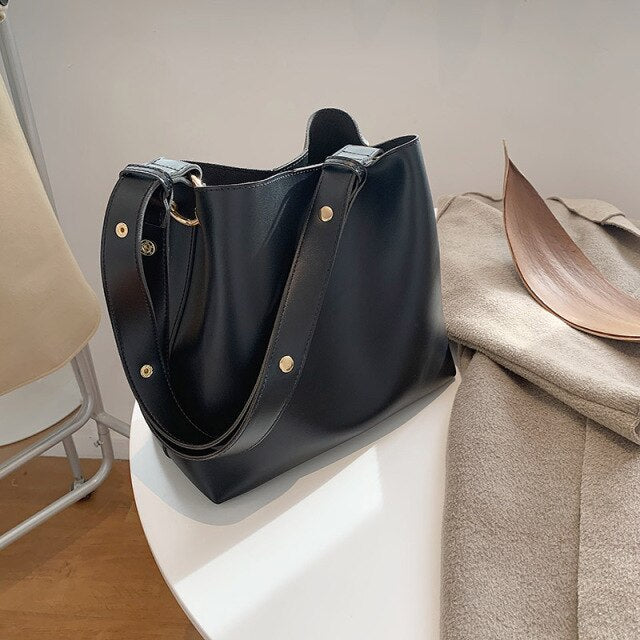 Fashion Designer Pu Leather Female Handbags Large Capacity Casual Ladies Tote Female Black Bucket Women Shoulder Hand Bag