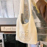 Women's Bag Soft New Shopper with Lamb Wool Cute Bear Like Fabric Shoulder Bag Canvas Handbag Tote Large Capacity Bag For Girls