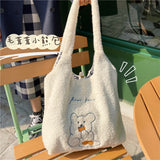 Women's Bag Soft New Shopper with Lamb Wool Cute Bear Like Fabric Shoulder Bag Canvas Handbag Tote Large Capacity Bag For Girls