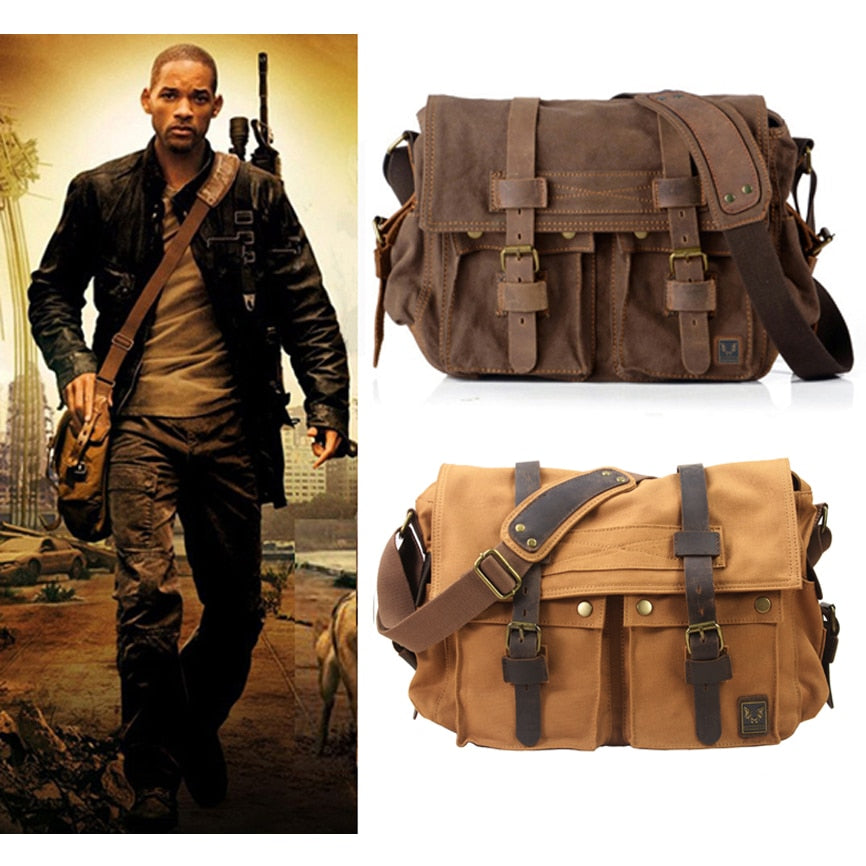 Kylethomasw Fashion Vintage Leather Canvas Men's Messenger Bag Cotton Canvas Crossbody Bag Men Shoulder Bag Sling Casual Bag