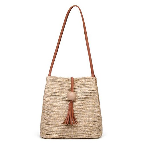Women Straw Bag Bohemian Rattan Beach Handbag Handmade Kintted Crossbody Bucket Bags Summer Tassel Beach Bag