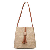 Women Straw Bag Bohemian Rattan Beach Handbag Handmade Kintted Crossbody Bucket Bags Summer Tassel Beach Bag