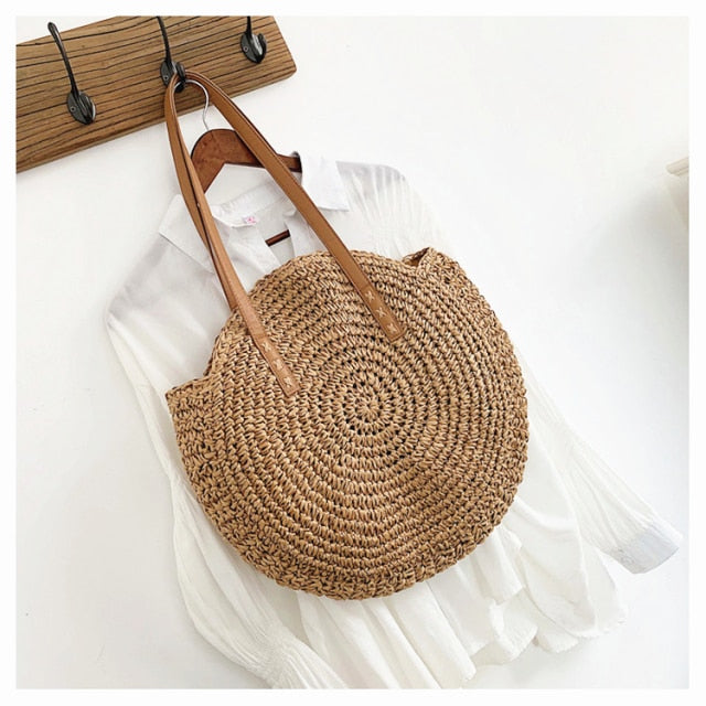 Summer Round Straw Bags for Women Rattan Shoulder Bag 2021 New Handmade Woven Beach Handbags Female Message Handbag Totes Bag