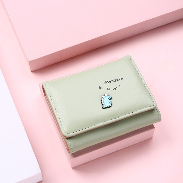 Women Cute Small Dinosaur Wallet Buckle Folding Girl Wallet Brand Designed Pu Leather Coin Purse Female Card Holder