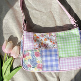 Kylethomasw  Retro Sweet Women's Hobos Shoulder Bags Stitching Floral Plaid Cool Girls Tote Purse Handbags Vintage Female Summer Underarm Bag