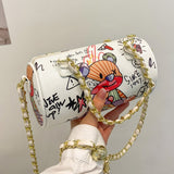 Cartoons Graffiti Cylindrical Pu Leather Zipper Crossbody Bags For Women 2021 Fashion Chain Shoulder Handbags And Purses Lady