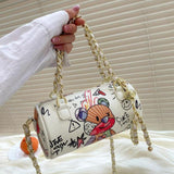 Cartoons Graffiti Cylindrical Pu Leather Zipper Crossbody Bags For Women 2021 Fashion Chain Shoulder Handbags And Purses Lady