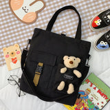 Women New Cute Bear Cartoon Canvas Bag Female Fashion Cool Girl Student School Shoulder Crossbody Messenger Bag Satchels