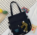 Women New Cute Bear Cartoon Canvas Bag Female Fashion Cool Girl Student School Shoulder Crossbody Messenger Bag Satchels