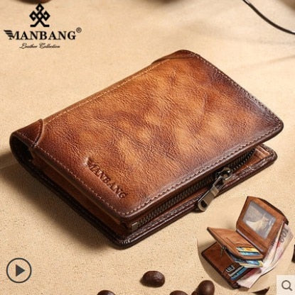 ManBang 2021 HOT Genuine Leather Men Wallet Small Mini Card Holder Male Wallet Pocket Retro purse High Quality