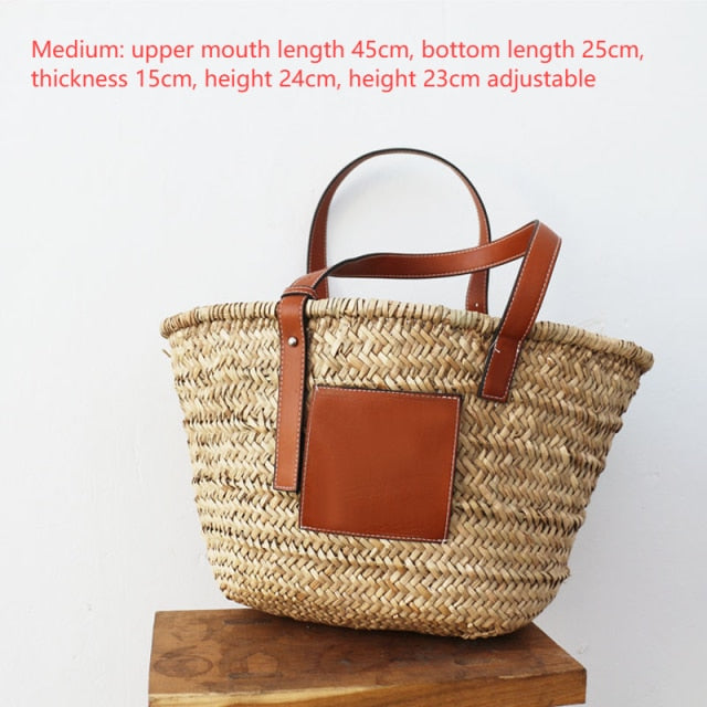 Women Handbag Elegant Beach Bag Rattan Woven Handmade Knitted Straw Large Capacity Totes Leather girl Shoulder Bags Top-Handle