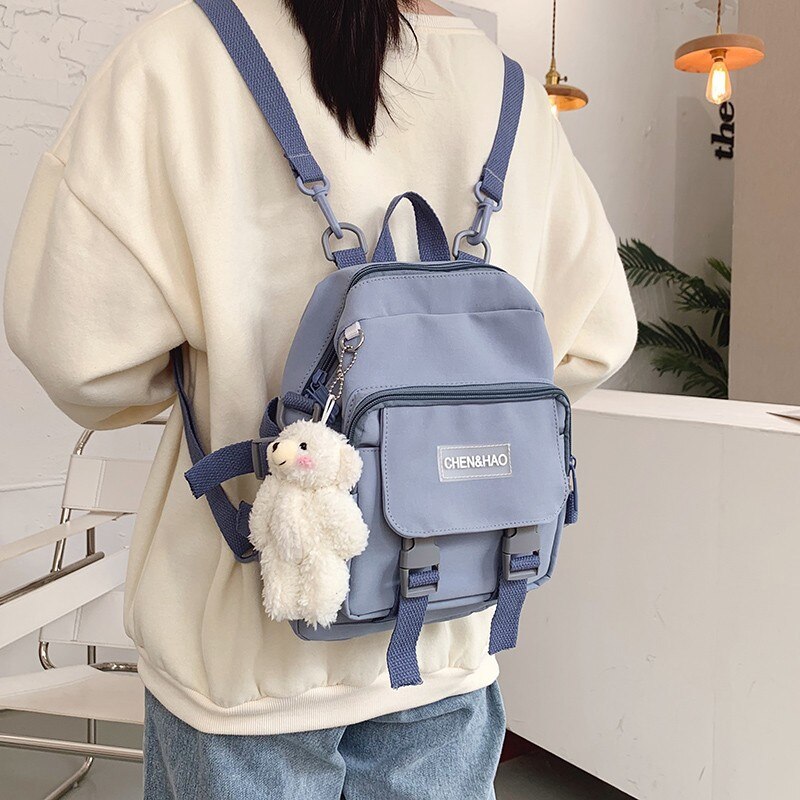Kylethomasw  korean style small mini backpack for women school small bag mochila Multi pocket Girl Ring Buckle portable bear women's backpack
