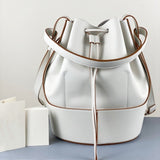 2021 New Women's Leather Drawstring Large Capacity Bucket Bag Leather Hit Color Matching Bag/Hand Bag over-the-Shoulder Bag