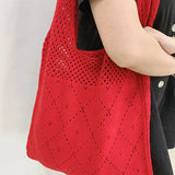 Handmade Lady Retro Chic Crochet Handbag 2021 Korean Fashion Knitted Braid Hollow Black Yellow Top-handle Tote Bag shopper sac