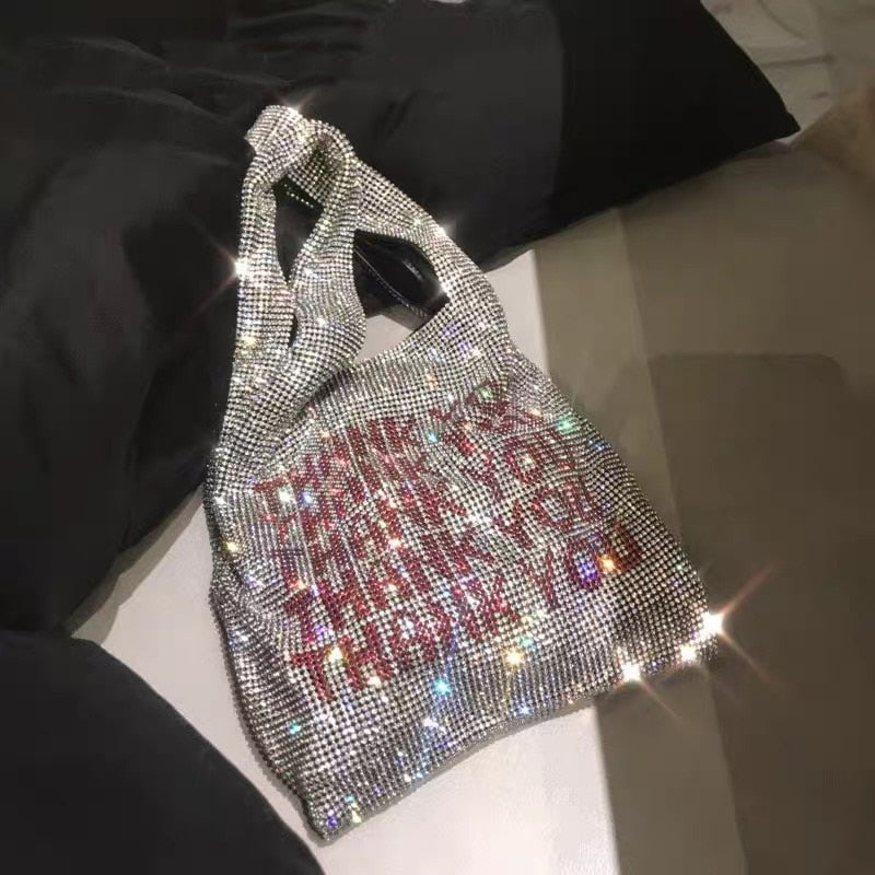 Thank You Sequins Bags Women Small Tote Bags Crystal Bling Bling Fashion Lady Bucket Handbags Vest Girls Glitter Purses Brand